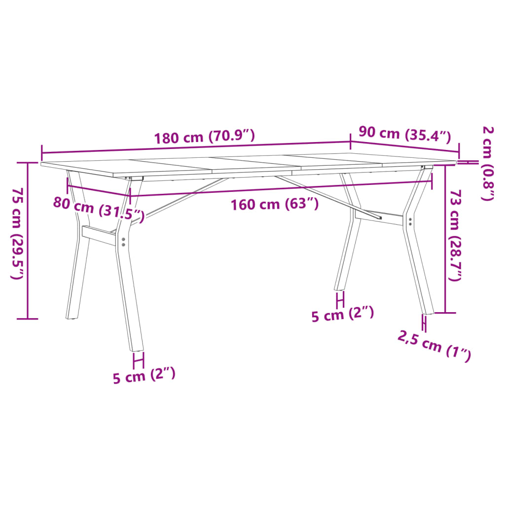 vidaXL virtuves galds, Y-rāmis, 180x90x75 cm, priedes koks, čuguns