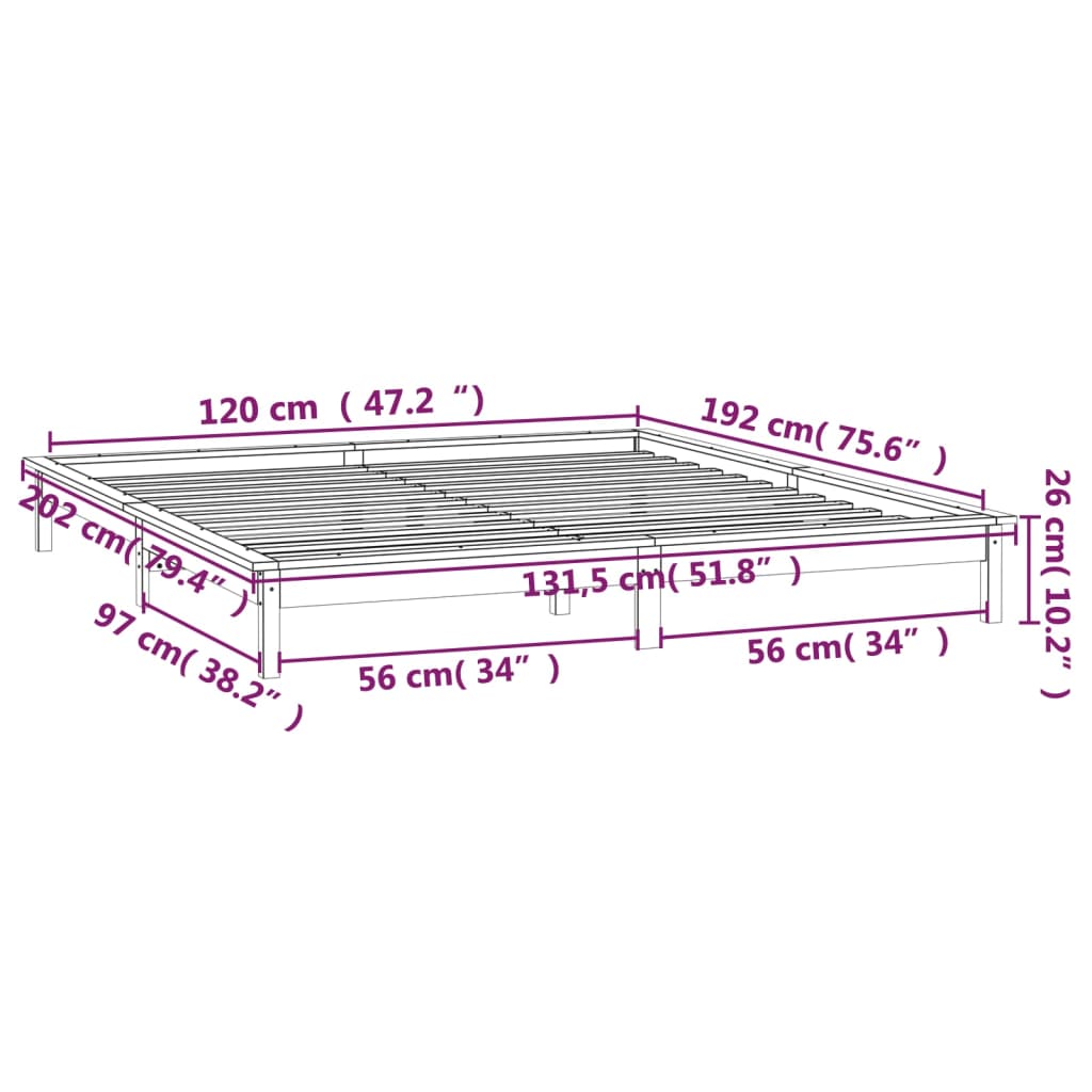 vidaXL gultas rāmis, LED, melns, 120x190 cm, divvietīgs, masīvkoks