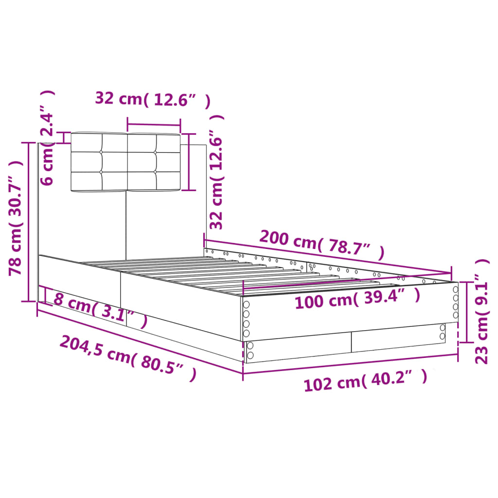 vidaXL gultas rāmis ar galvgali, ozola, 100x200 cm, inženierijas koks