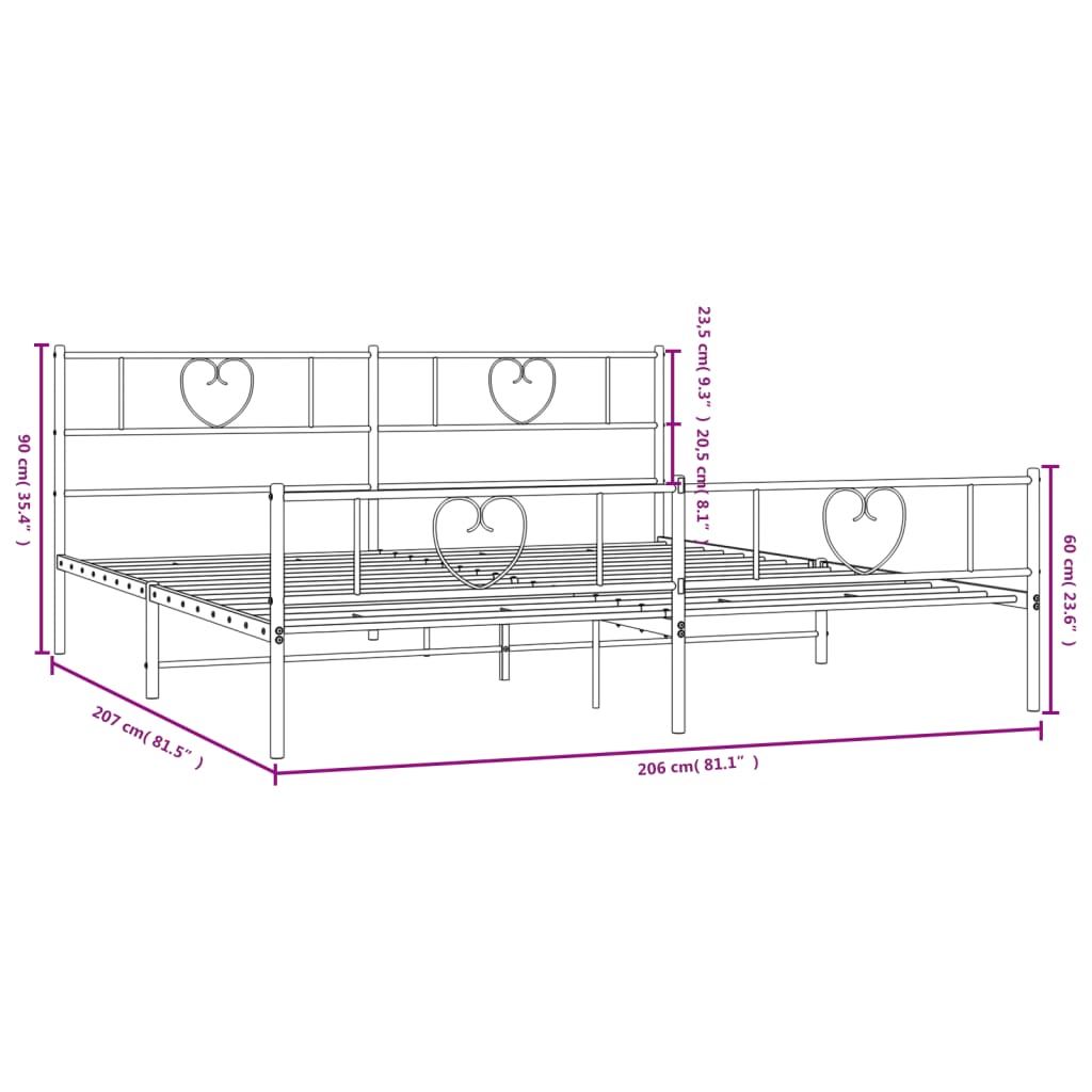 vidaXL gultas rāmis ar galvgali un kājgali, melns metāls, 200x200 cm