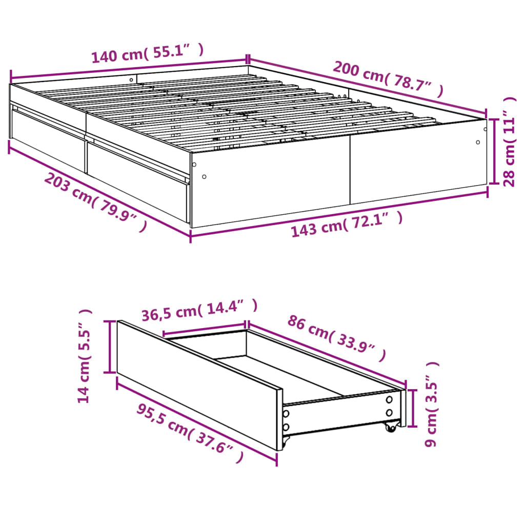 vidaXL gultas rāmis ar atvilktnēm, brūns, 140x200cm, inženierijas koks