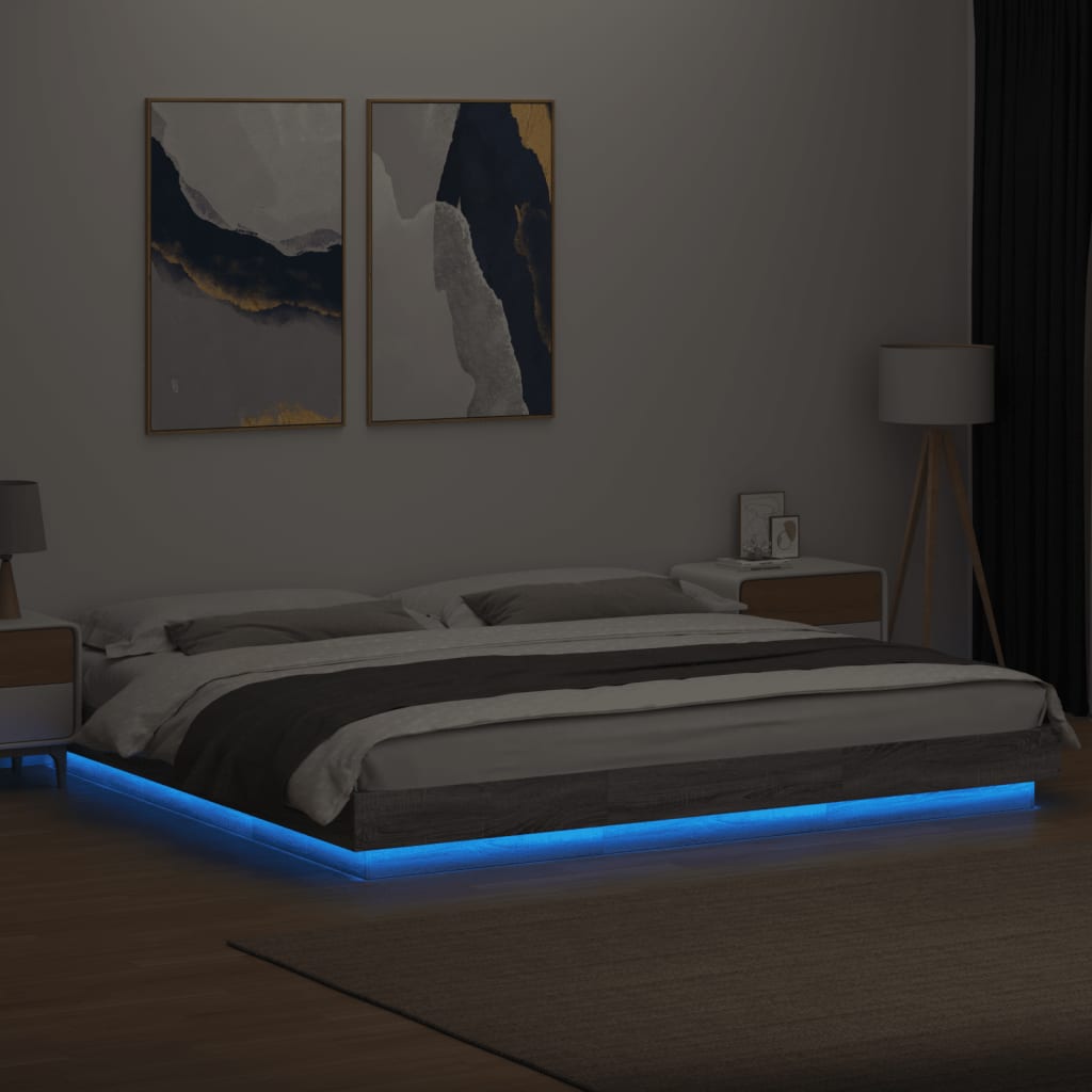 vidaXL gultas rāmis ar LED, pelēka ozola, 180x200cm, inženierijas koks