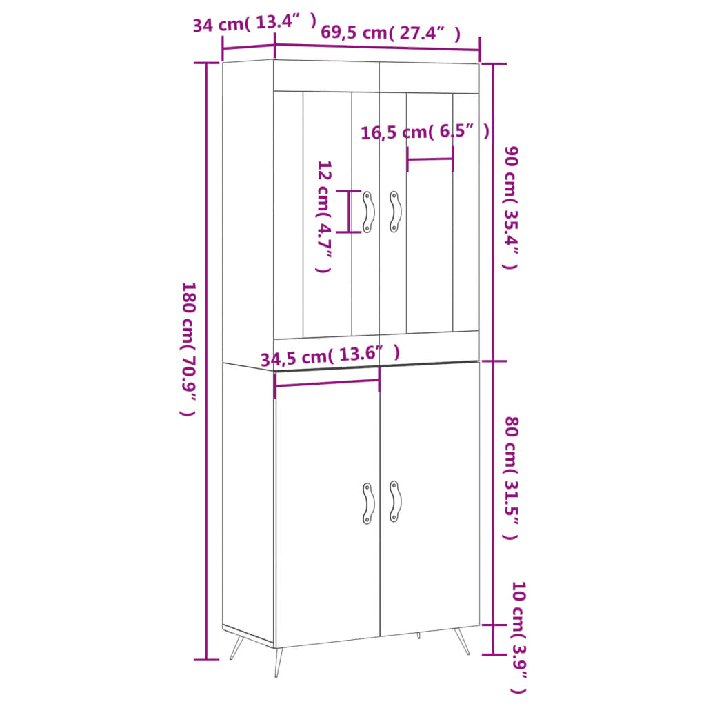 vidaXL augstais skapis, ozolkoka, 69,5x34x180 cm, inženierijas koks