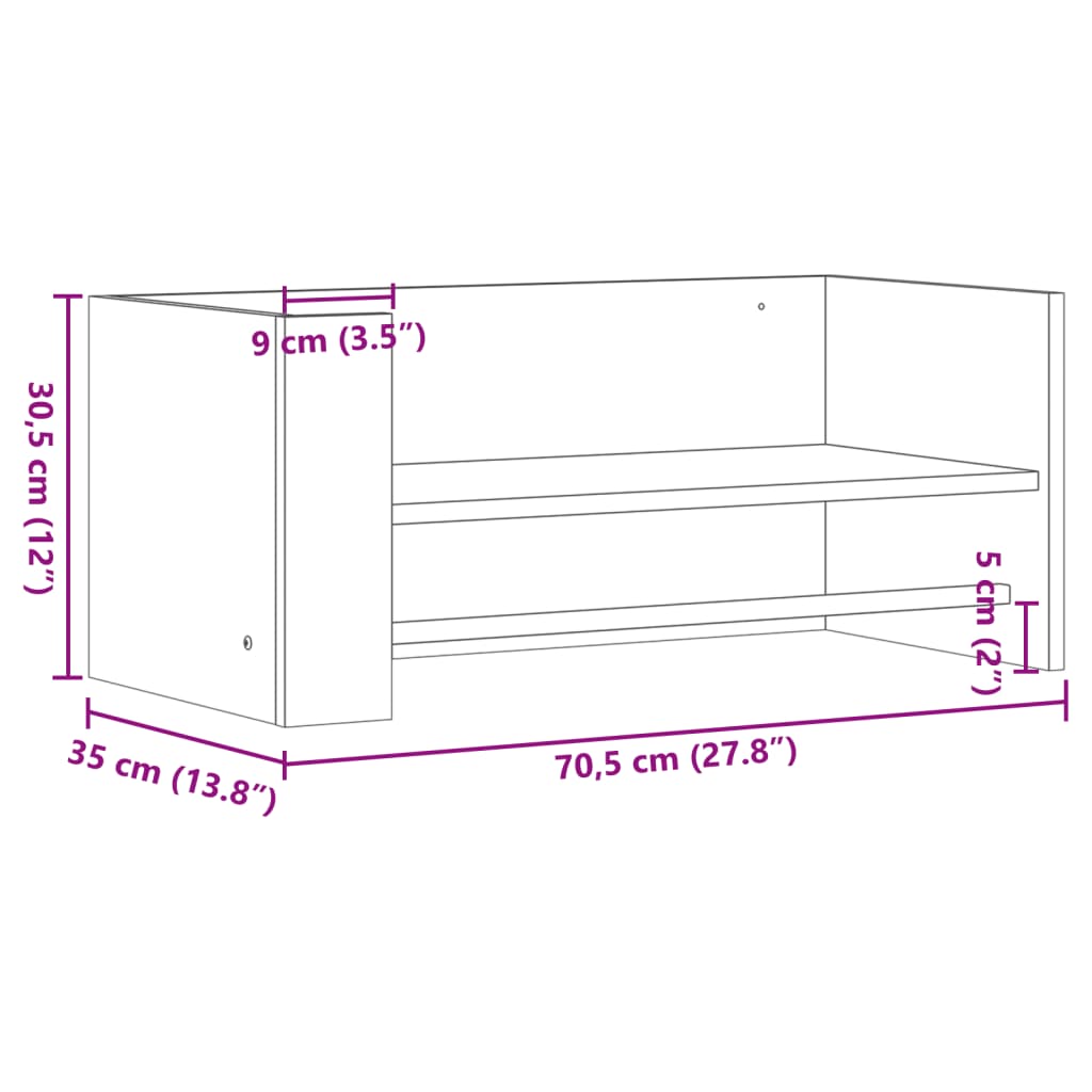 vidaXL sienas plaukts, ozola krāsa, 70,5x35x30,5 cm, inženierijas koks