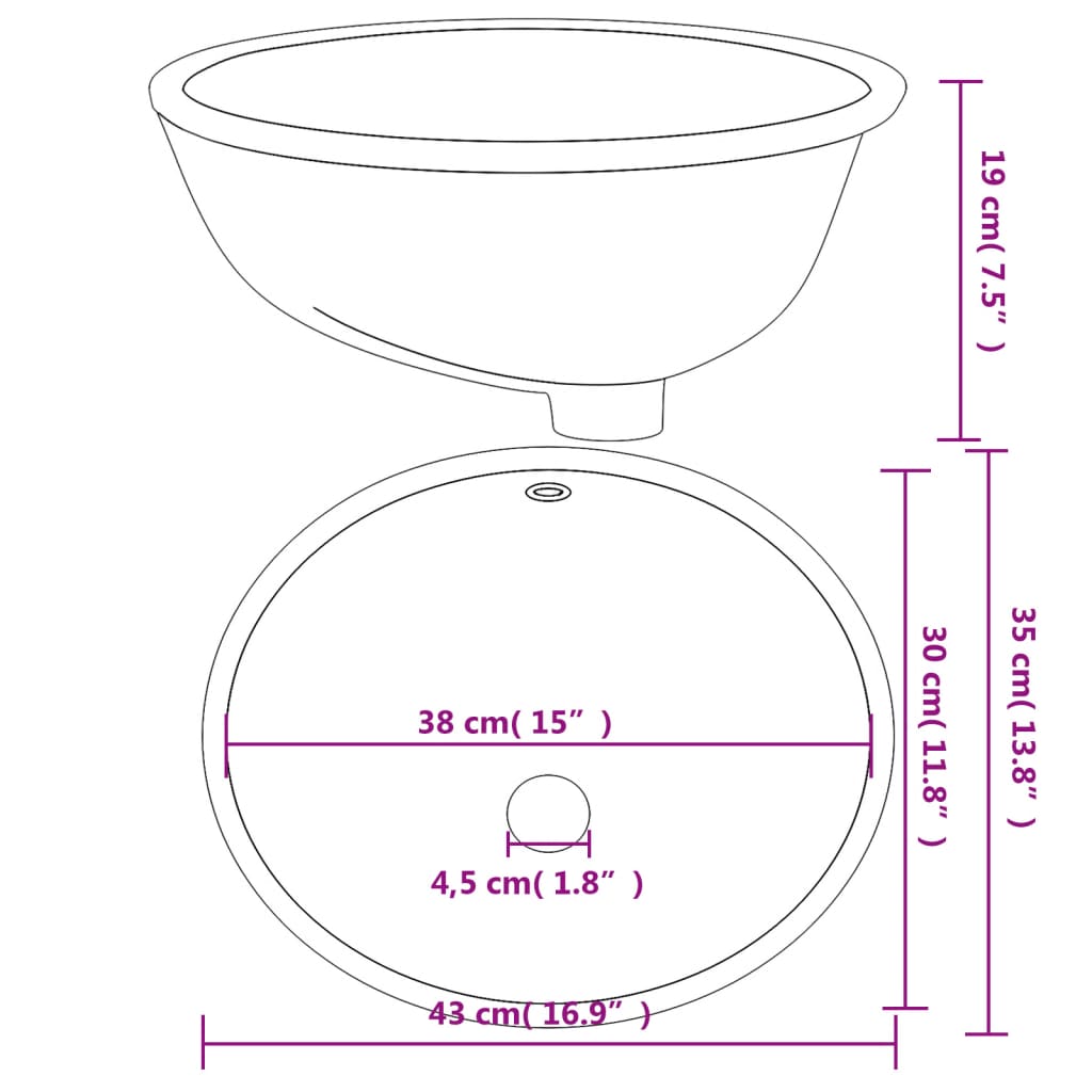 vidaXL vannasistabas izlietne, balta, 43x35x19 cm, ovāla, keramika