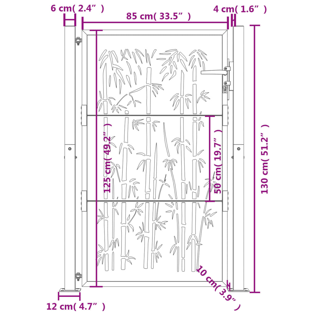 vidaXL dārza vārti, 105x130 cm, tērauds, rūsas efekts, bambusa dizains