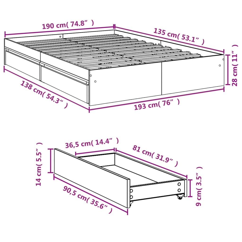 vidaXL gultas rāmis ar atvilktnēm, melns, 135x190cm, inženierijas koks