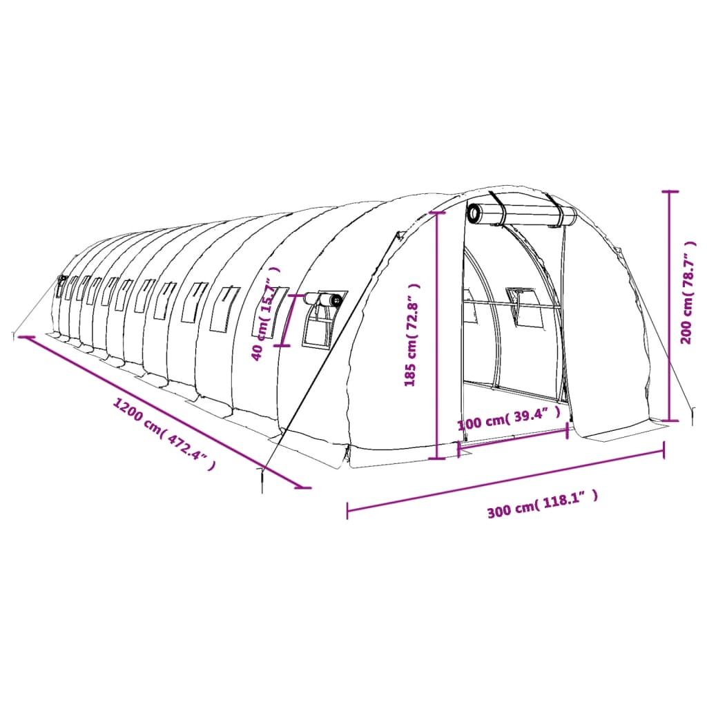 vidaXL siltumnīca ar tērauda rāmi, zaļa, 36 m², 12x3x2 m