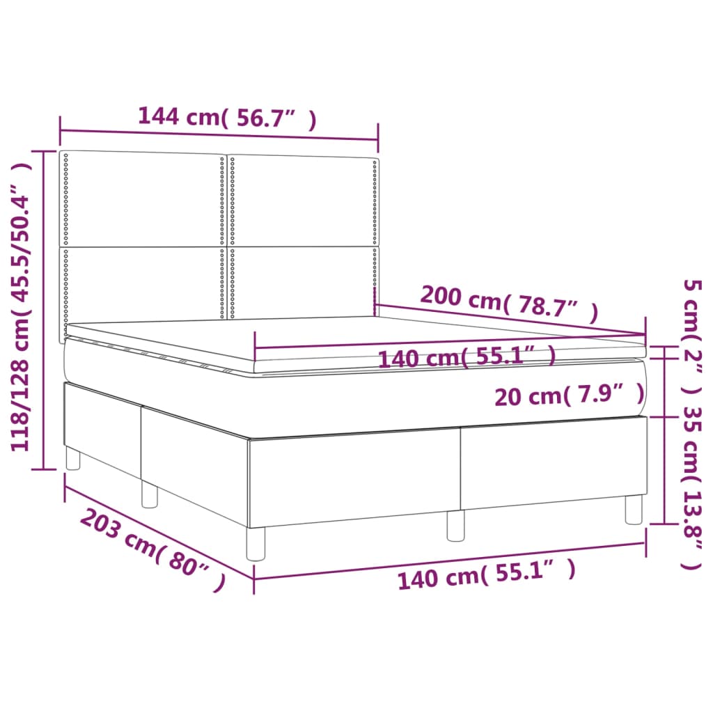 vidaXL atsperu gulta ar matraci, LED, zils audums, 140x200 cm