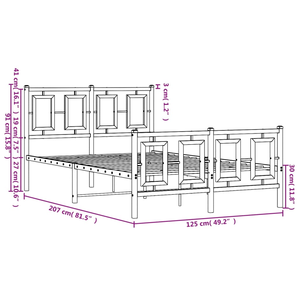 vidaXL gultas rāmis ar galvgali un kājgali, melns metāls, 120x200 cm