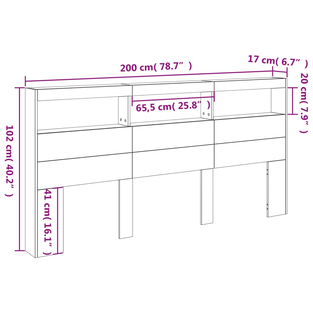 vidaXL galvgaļa skapis ar LED, betona pelēks, 200x17x102 cm